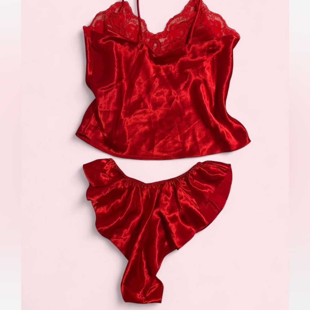 Vintage Red Satin Lace Lingerie Chemise Set - image 3